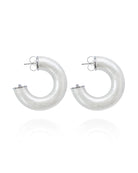 Pair of silver hoop earrings on a white background