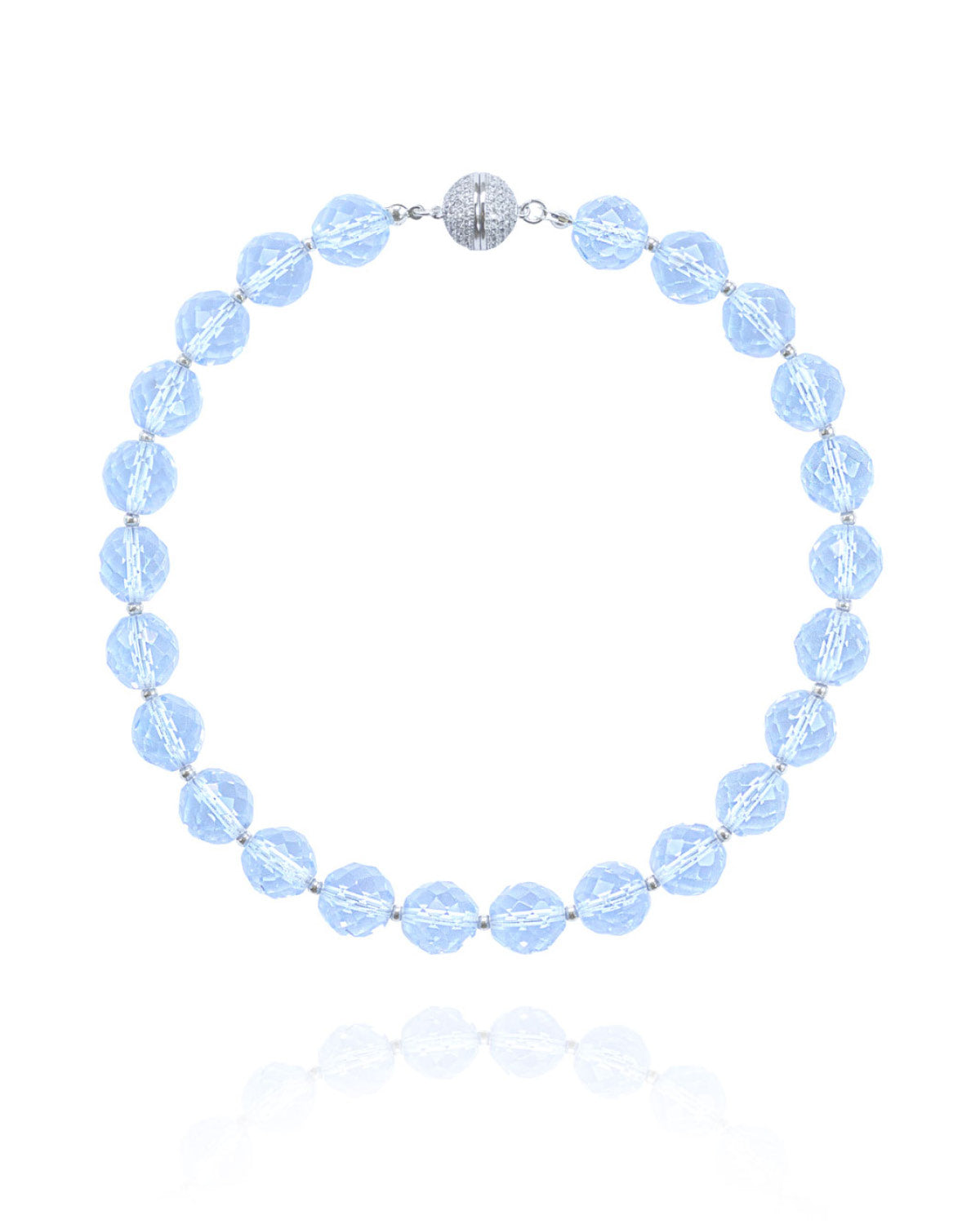 Necklace with glass light blue beads on a white background